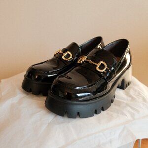 (6.5) Black Chunky Loafers with Gold Buckle